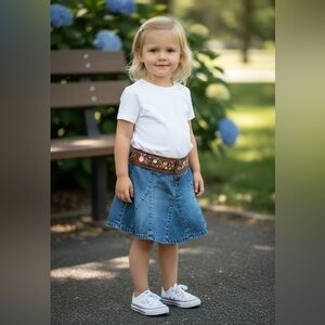 GAP Blue Denim Skirt with Brown Embroidered Floral Waistband